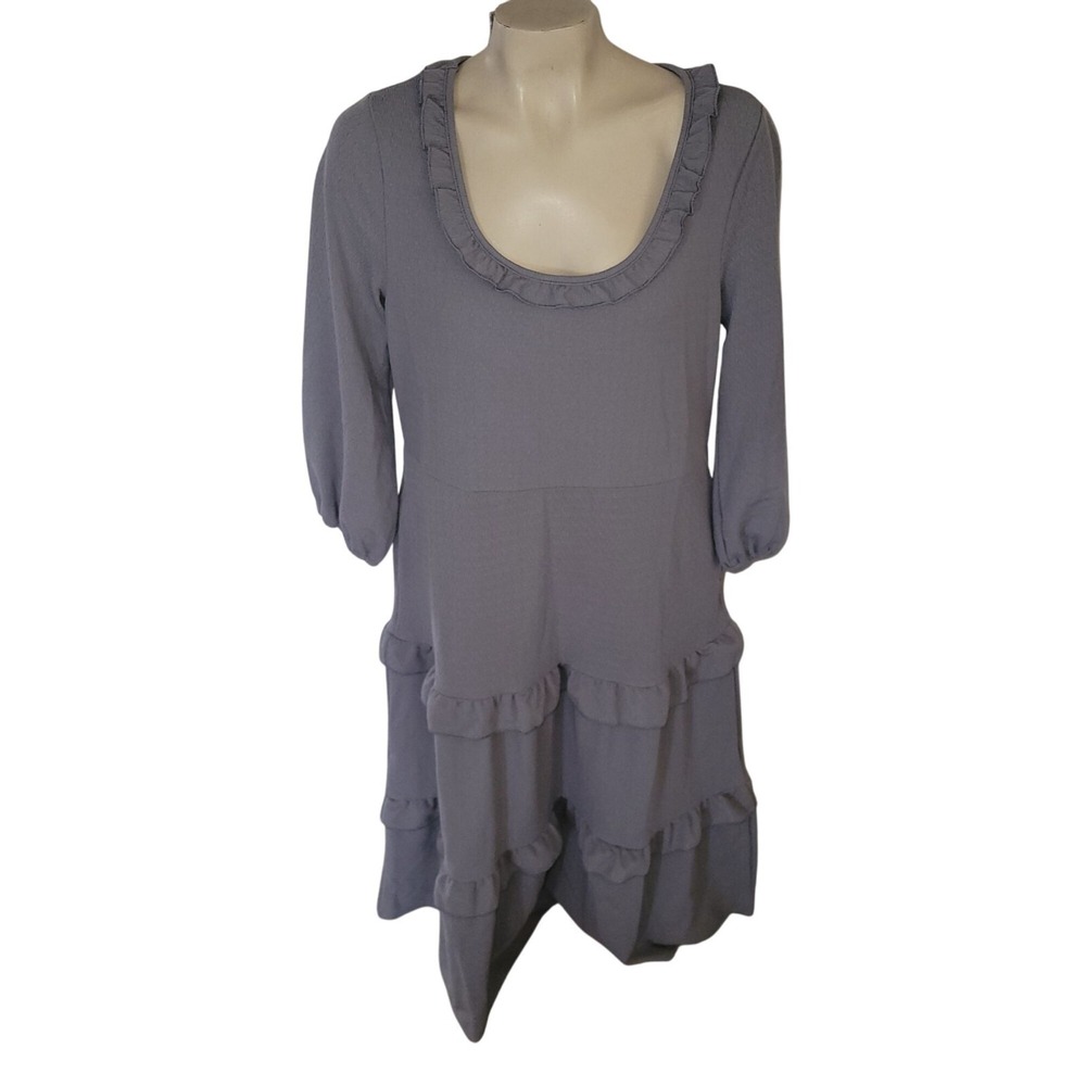 Suzanne Betro  Dusty Purple Ruffle Scoop Neck‎ Tiered Midi Dress Sz M prariecore